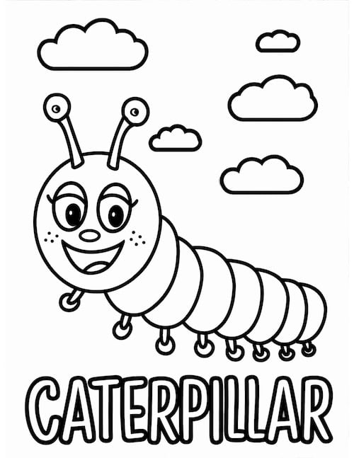 A cartoon-style caterpillar with big eyes and a wide grin with a word written below for kids to trace.