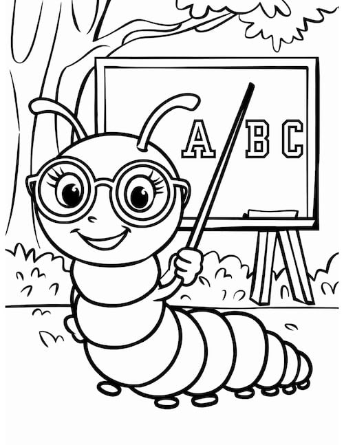 Caterpillar teacher with glasses.