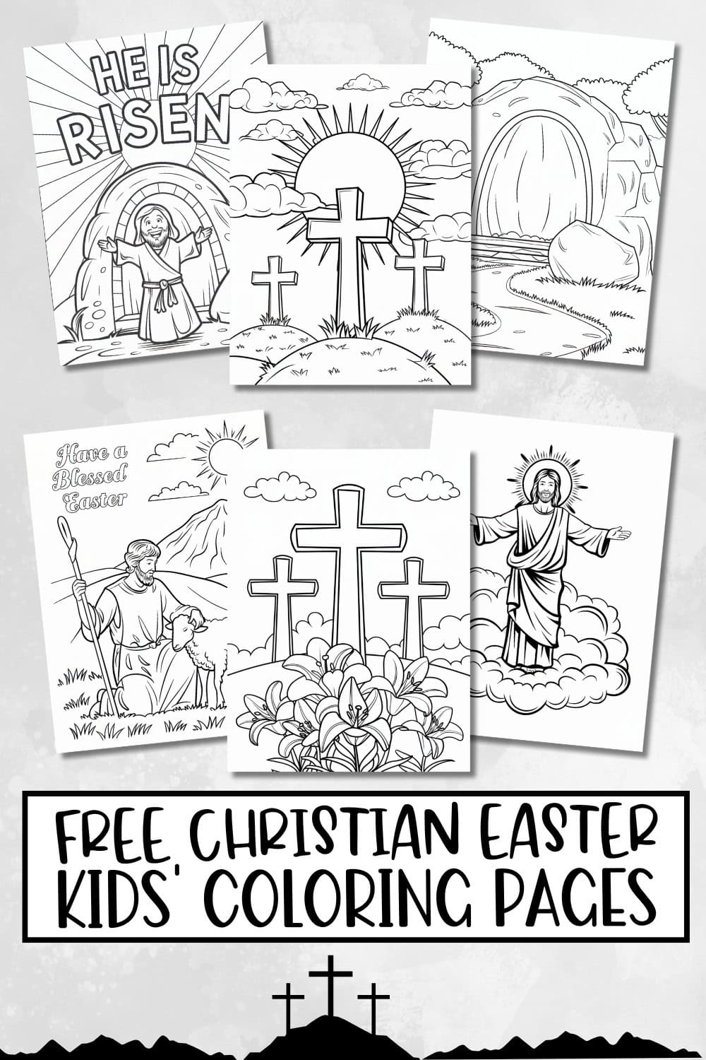 a collection of free printable religious easter coloring pages on a gray paper background.