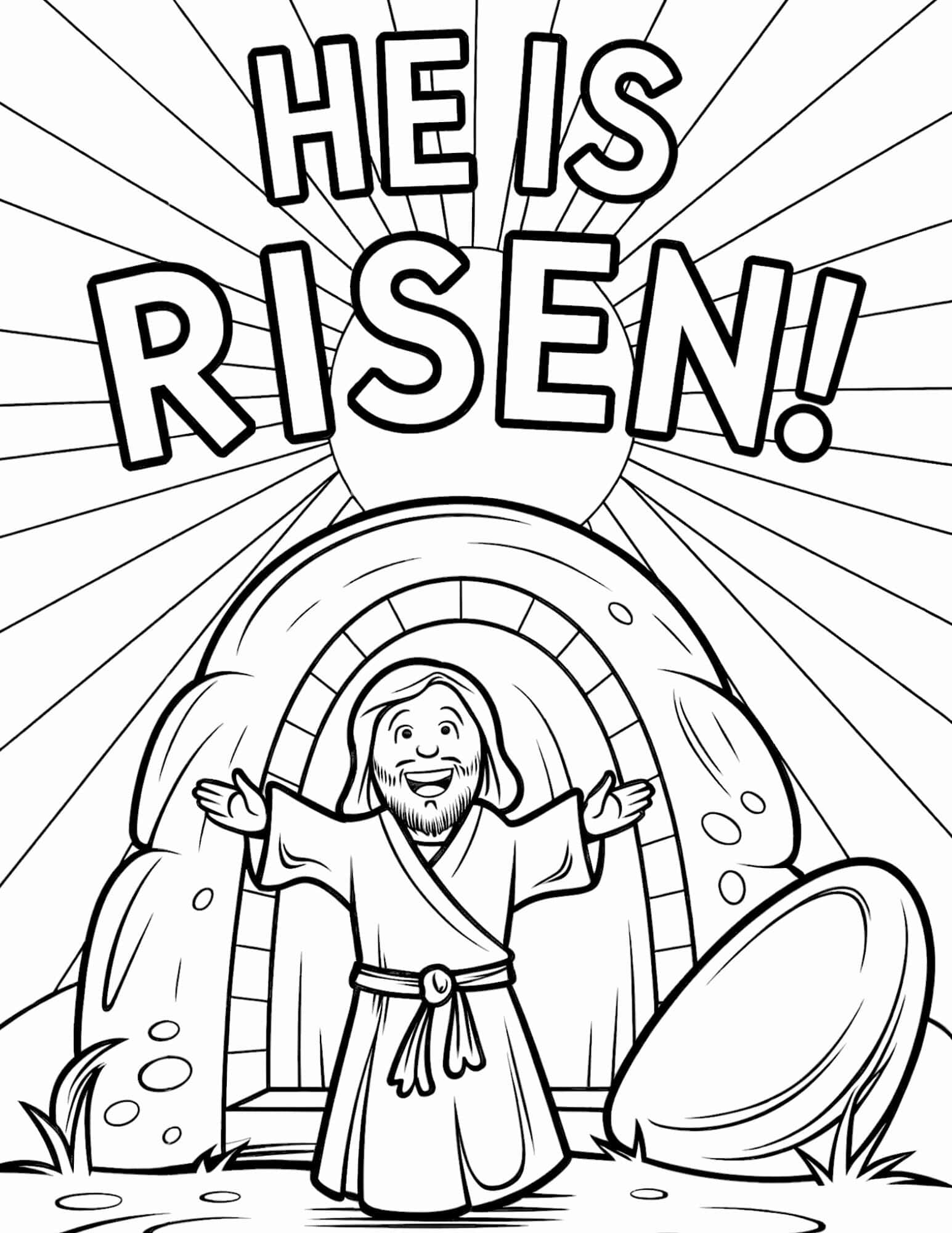 "He Is Risen" coloring page with Jesus in front of the empty tomb.