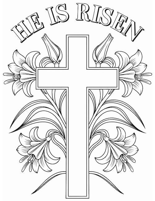 "He Is Risen" cross coloring page with Easter lilies.