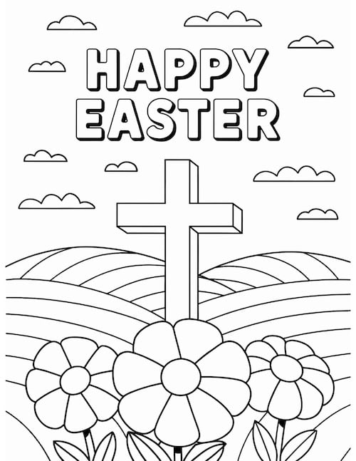 "Happy Easter" cross and flowers coloring page with rolling hills.