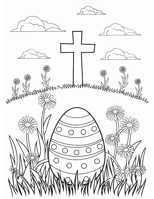 Easter cross and decorated egg coloring page with flowers on a hill.