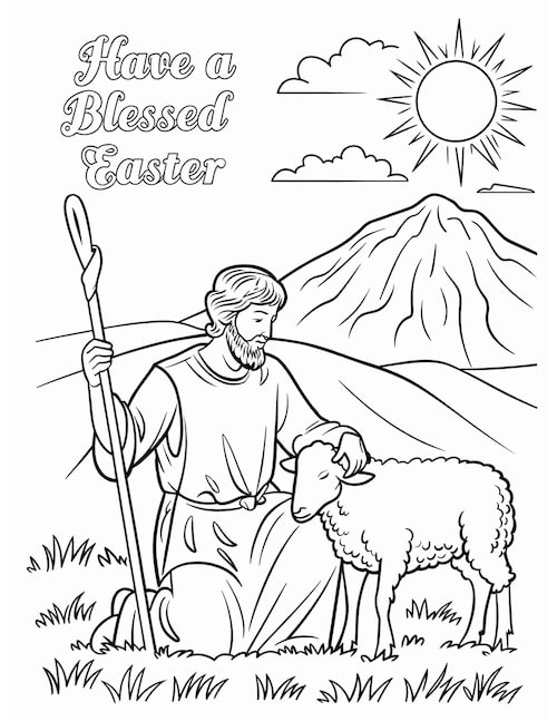 Good Shepherd Easter coloring page with lamb and mountain backdrop.