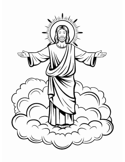 Jesus ascension coloring page standing on clouds with a radiant halo.