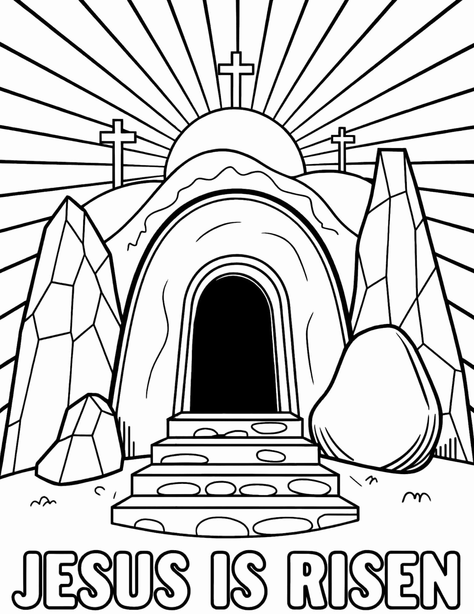 Empty tomb Easter coloring page with "Jesus Is Risen" text and sunrise.