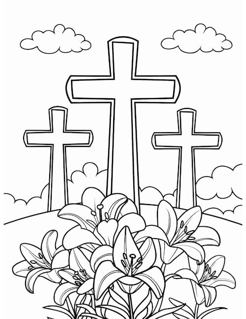 Three crosses with Easter lilies coloring page.