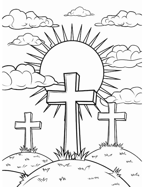 Three crosses under a sunrise coloring page with clouds.