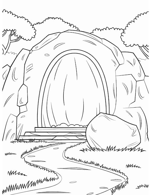 empty tomb Easter coloring page with a winding path.