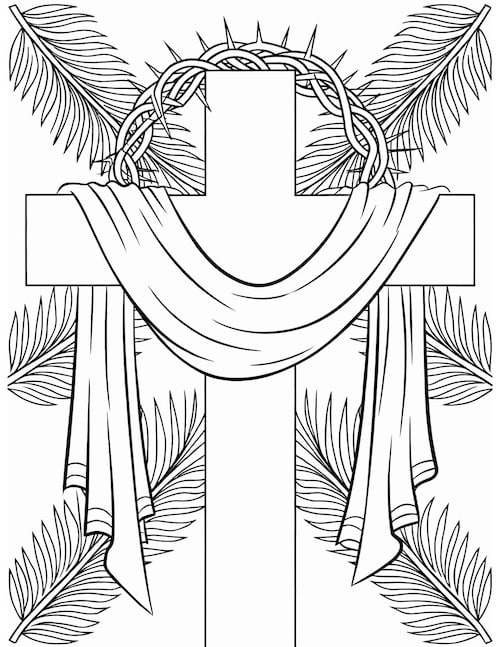 Cross with crown of thorns and palm leaves coloring page.