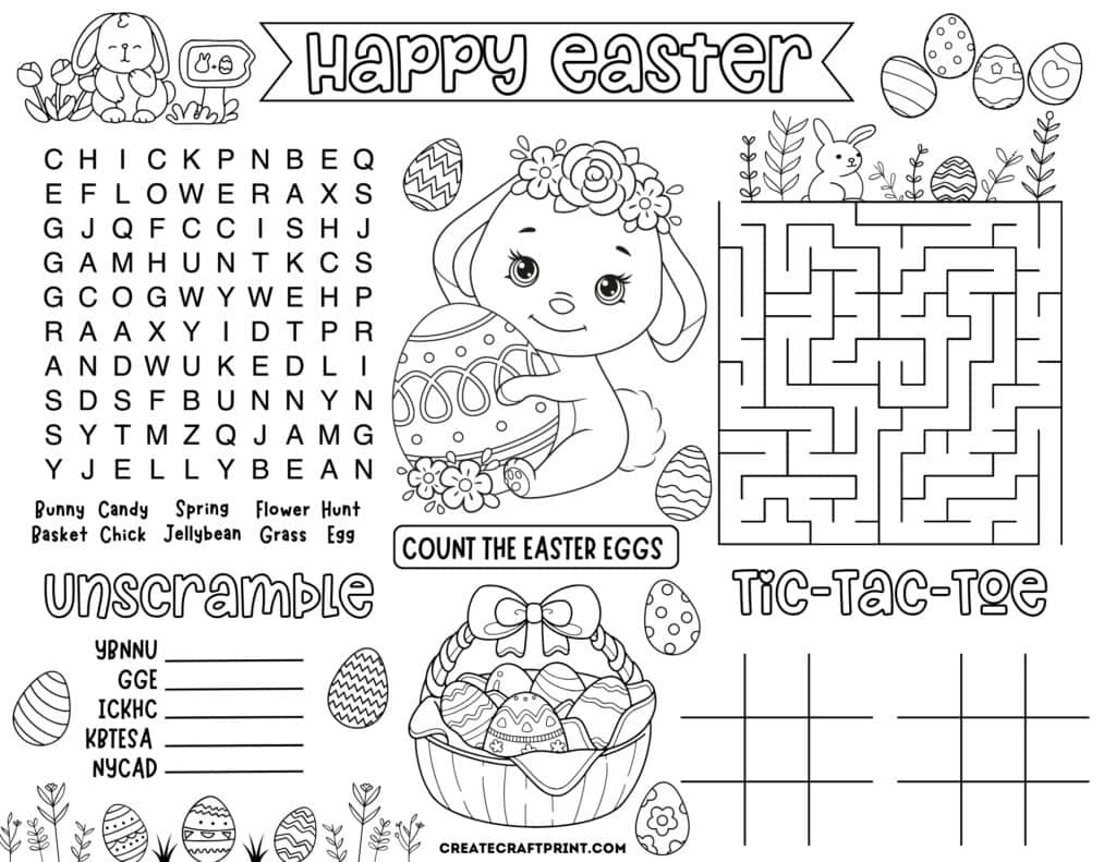 free printable activity for kids with a coloring bunny, word search, maze, unscramble game, and tic-tac-toe.