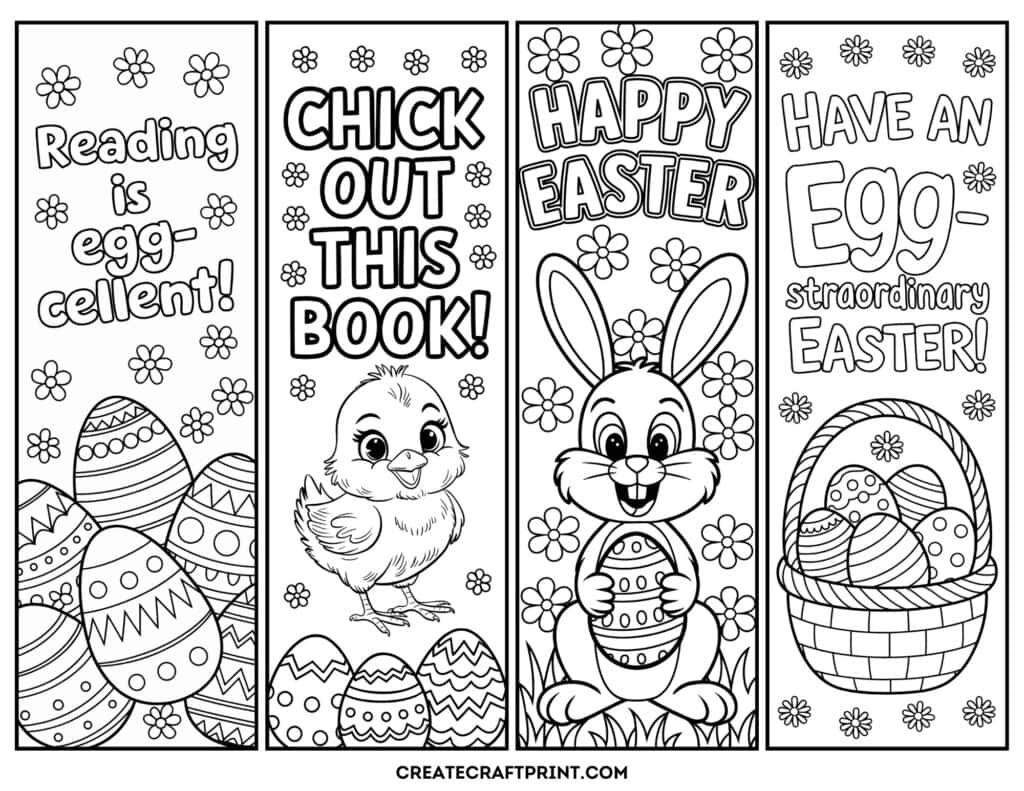 Easter bookmark designs to print and color, including bunnies, eggs, and inspirational messages.