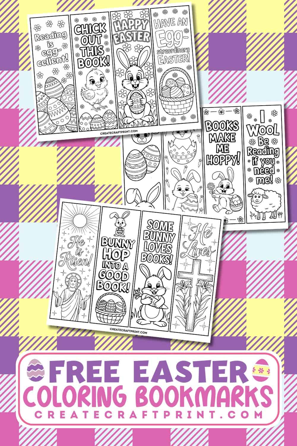 free Printable Easter bookmarks to color featuring eggs, bunnies, and chicks on a spring gingham background.