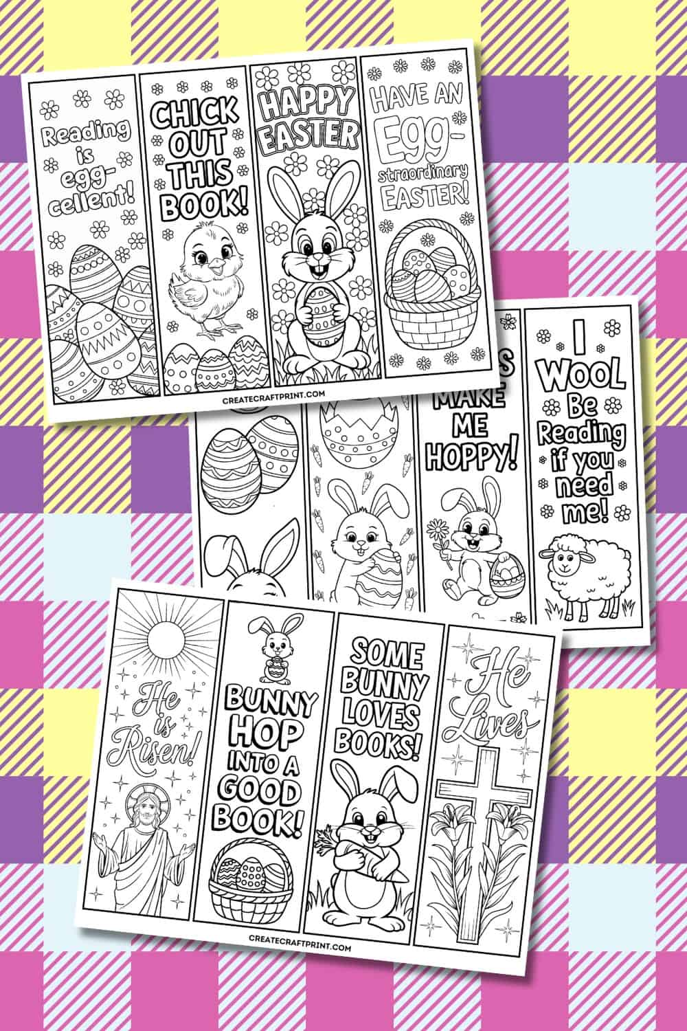 3 pages of free printable bookmarks on a spring gingham background.