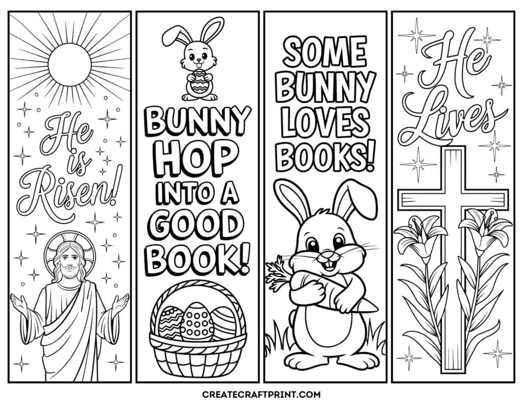 Colorful showcase of free printable bookmarks to color with festive spring designs.