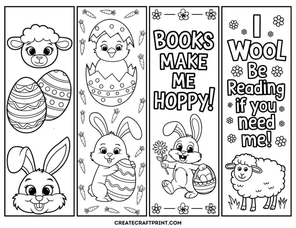 Easter coloring bookmarks for kids featuring lambs, eggs, and playful phrases like 'Books make me hoppy.