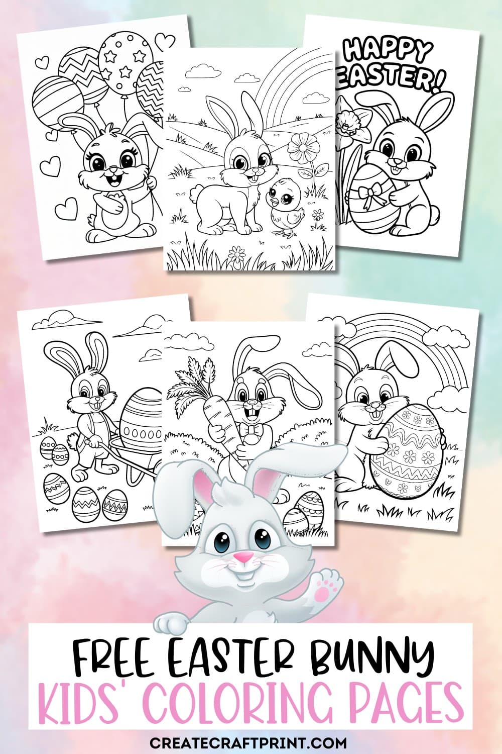 a collection of free printable easter bunny coloring pages for kids and adults on a pastel background.