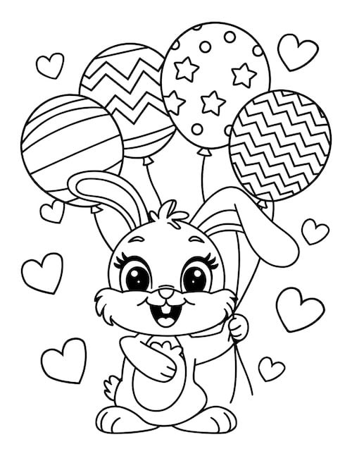 Bunny holding patterned balloons with hearts.