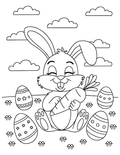 Bunny sitting with a carrot surrounded by Easter eggs coloring page.