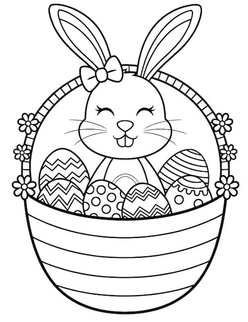 flower-decorated basket filled with Easter eggs.