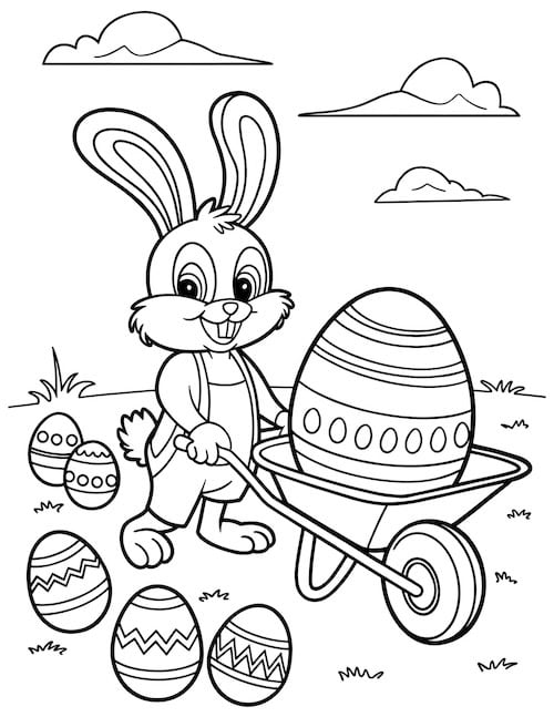 Bunny pushing a wheelbarrow with a large decorated Easter egg.