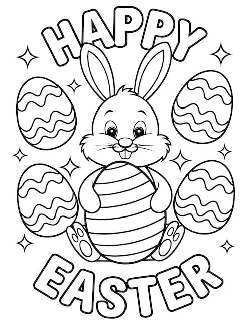 Bunny surrounded by Easter eggs with "Happy Easter" text.