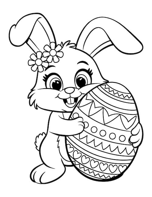 Bunny wearing a flower crown holding a large patterned Easter egg coloring page.