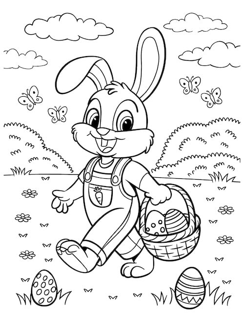 Bunny carrying an Easter basket in a meadow.