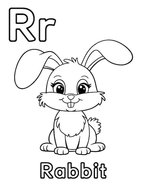 Cute bunny with "R is for Rabbit" text coloring page.