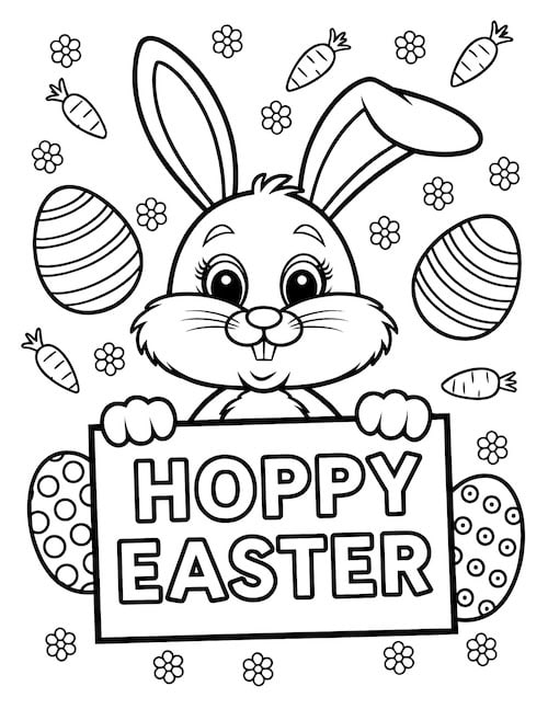 "Hoppy Easter" sign with eggs, flowers, and carrots.