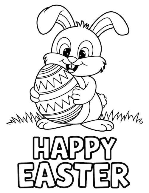 rabbit holding a large patterned Easter egg coloring page.