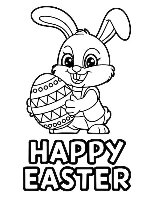 Bunny holding a giant carrot surrounded by Easter eggs coloring page.