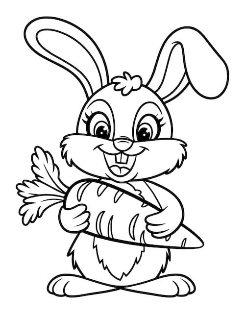 Bunny holding a giant carrot surrounded by Easter eggs coloring page.