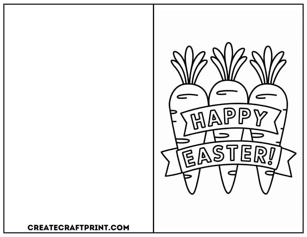 Printable Easter card with three carrots and a "Happy Easter" banner for kids to color.