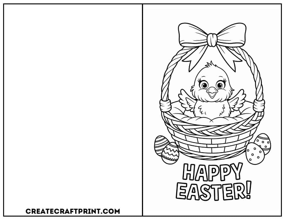 easter card to color with a chick sitting in a basket with decorated Easter eggs.