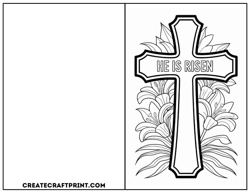 Christian Easter card featuring a bold cross with lilies and "He Is Risen" text.