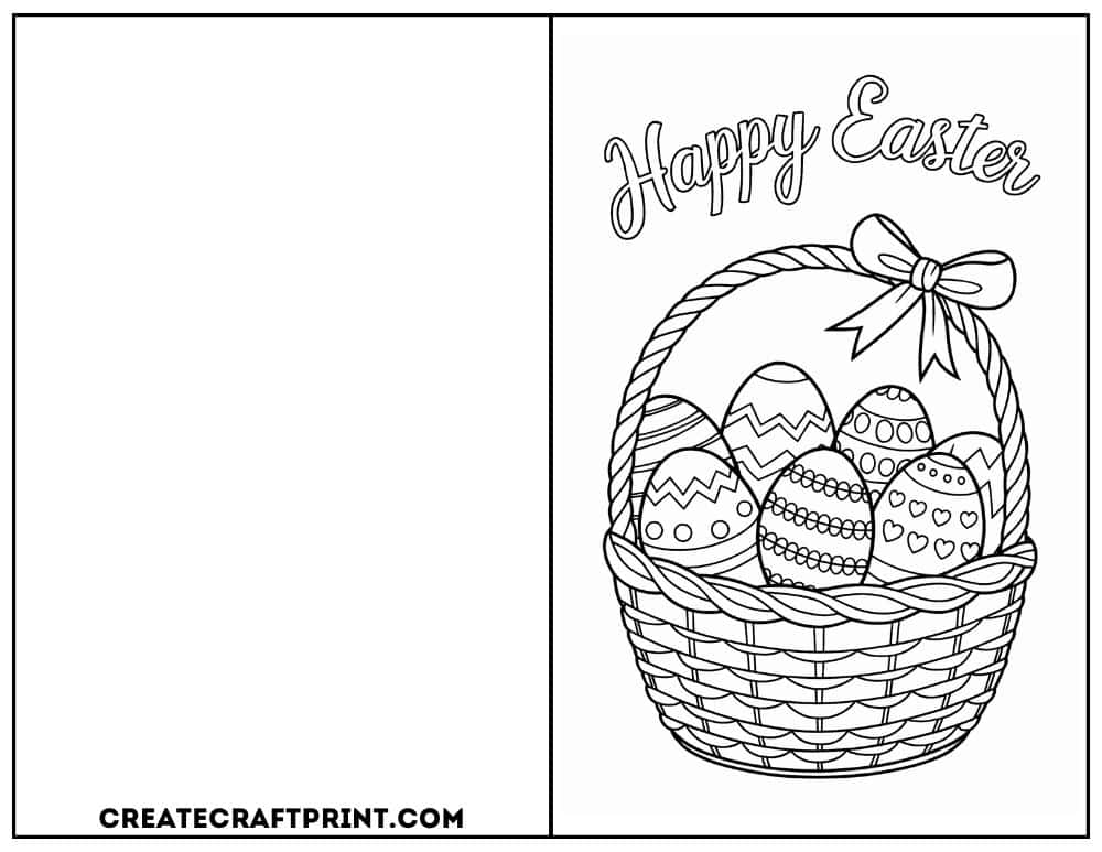 easter card to color with featuring a woven basket filled with detailed eggs.