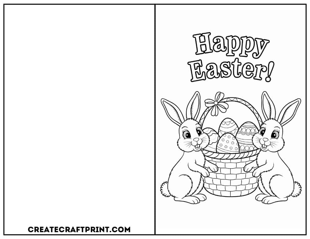 easter card to color with two cute bunnies and a basket full of eggs.