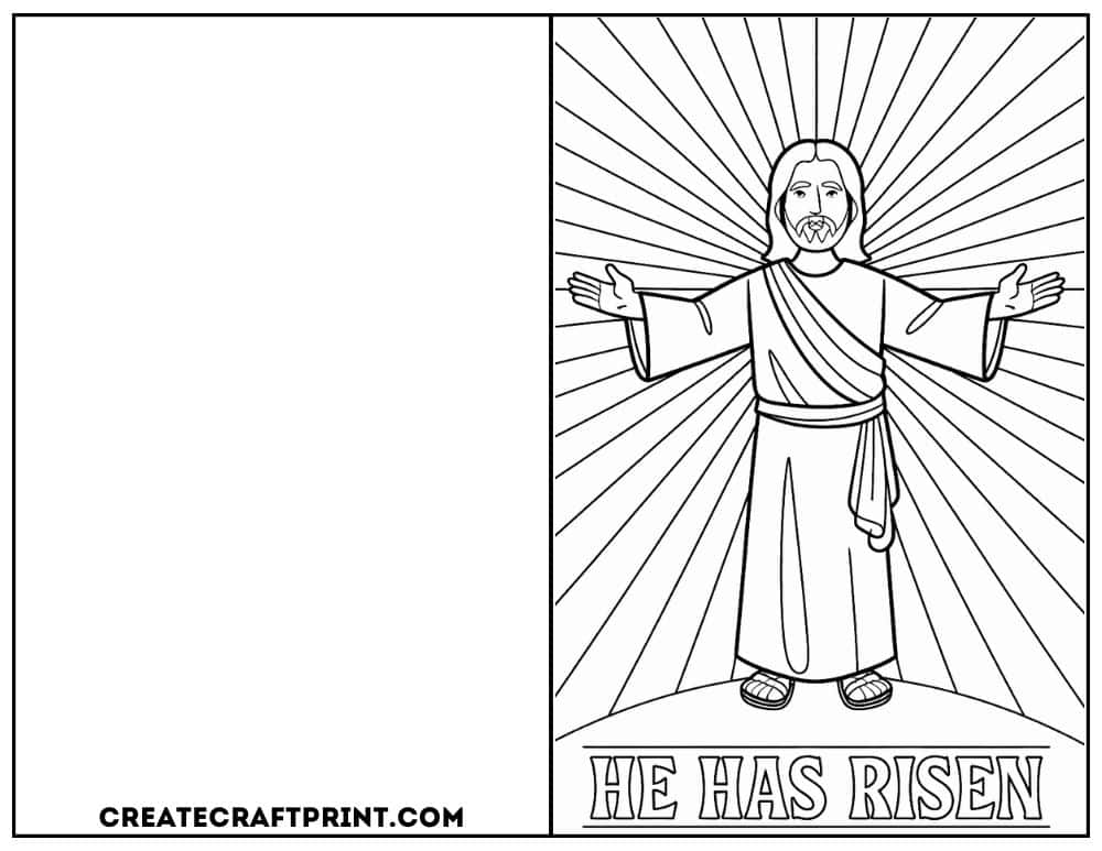 Religious Easter coloring card featuring Jesus with radiant light and "He Has Risen" text.