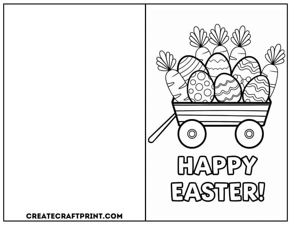  card featuring a wagon filled with decorated eggs and carrots.