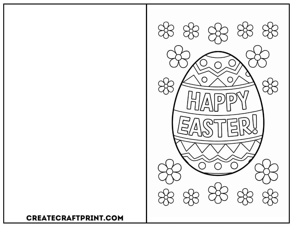 Printable Easter card with a large decorative egg surrounded by spring flowers.