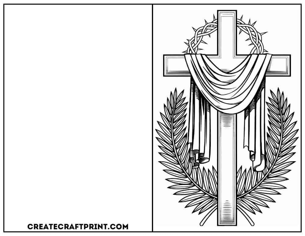 religious Easter coloring card with a cross draped in cloth and surrounded by palm leaves.