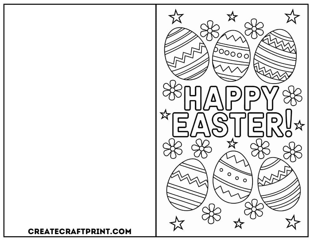 easter card to color with a collection of patterned eggs and festive stars.