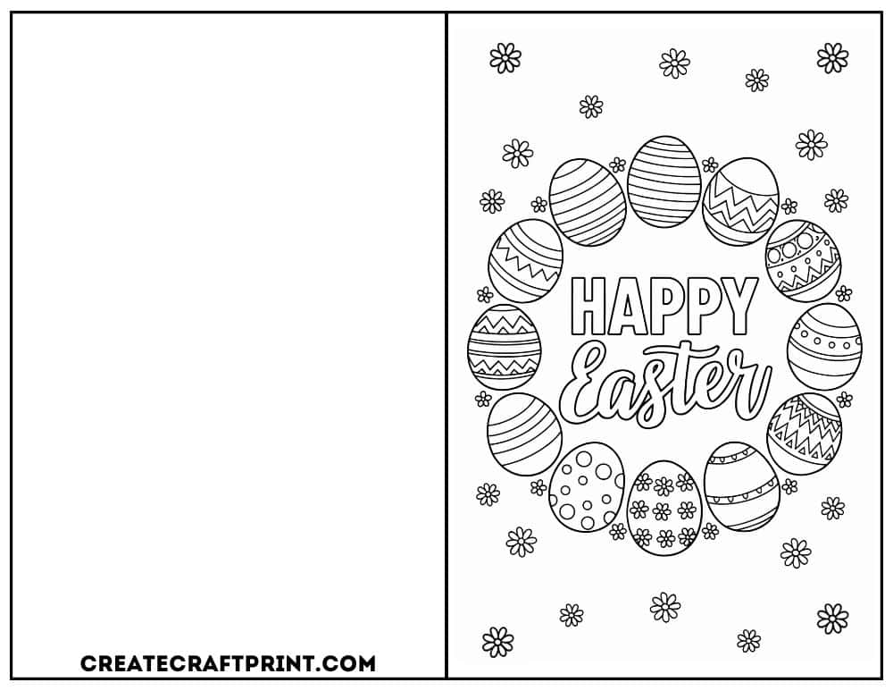 Printable Easter card with a wreath made of eggs and floral decorations.