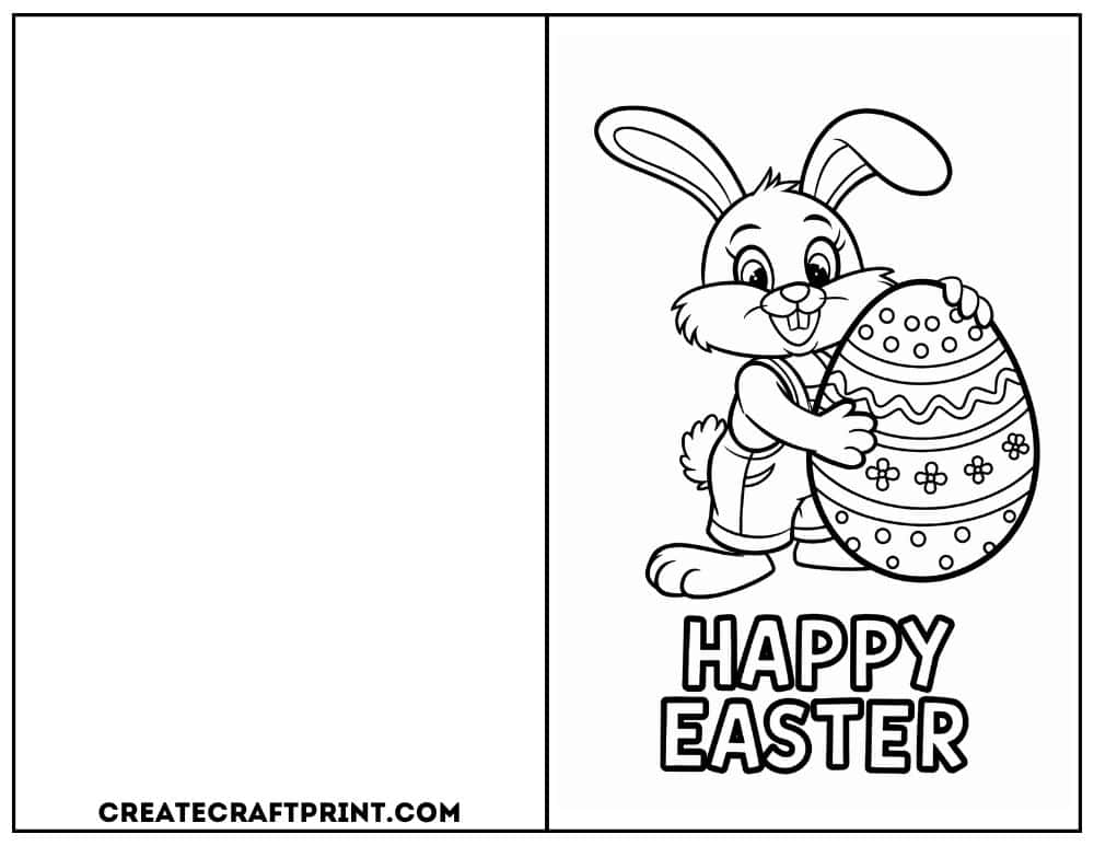 card with a bunny holding a decorated egg, ready for coloring.