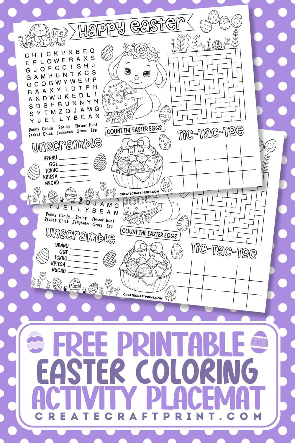 two pages of a Free printable Easter coloring activity placemat featuring fun games like a maze, tic-tac-toe, a word search, and more for kids on a purple polka dot background.