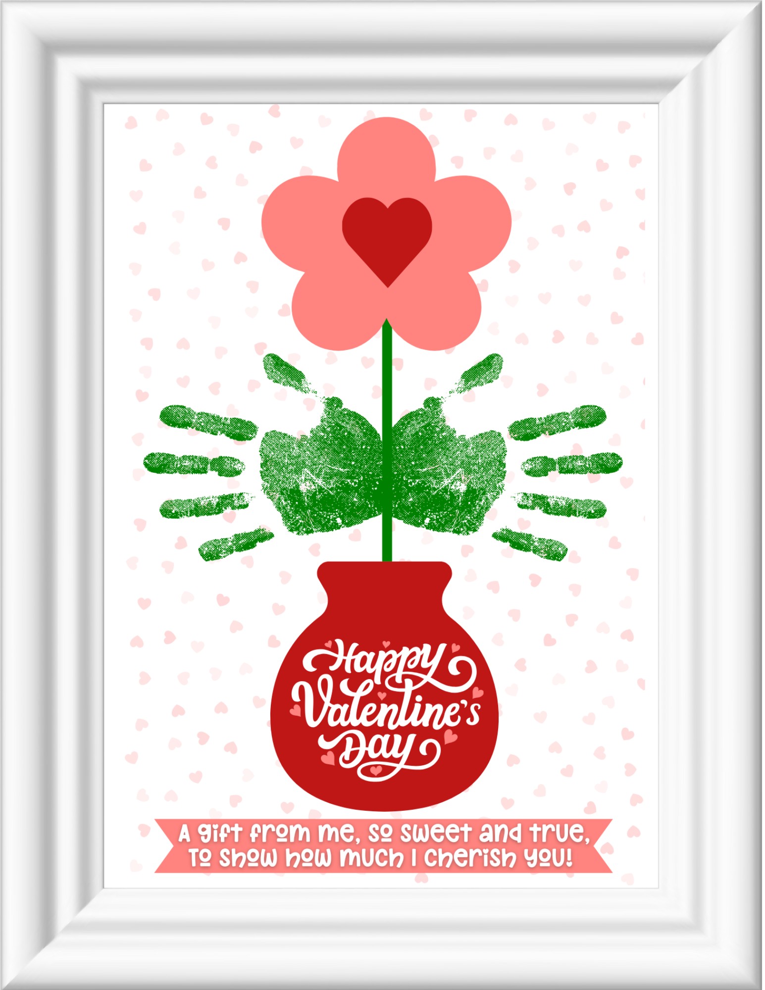 framed Valentine's Day handprint flower art.