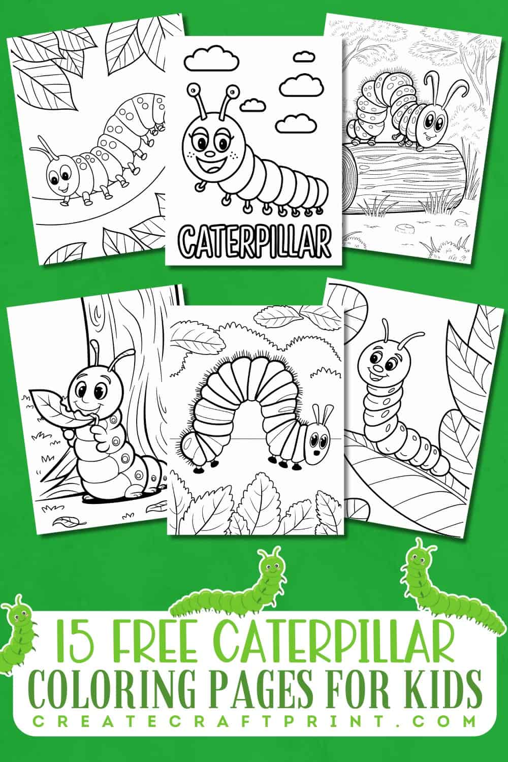 a collection of Free Printable Caterpillar Coloring Pages for Kids on a green background.