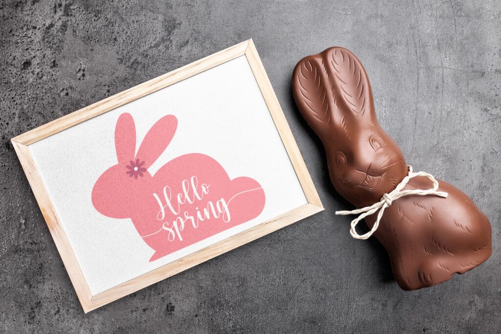 Pink 'Hello Spring' bunny framed sign displayed on a textured gray surface next to a chocolate Easter bunny, perfect for DIY Easter and spring crafts.