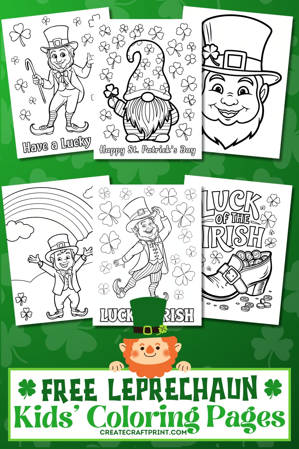 A collection of free printable leprechaun coloring pages for kids, featuring festive St. Patrick’s Day designs. The black-and-white illustrations include cheerful leprechauns, shamrocks, a rainbow, a lucky shoe filled with gold coins, and a gnome holding a four-leaf clover. The vibrant green background is decorated with shamrocks.